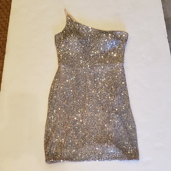 Xscape One Shoulder Silver Sequen Cocktail Evening Dress Size 6 - Picture 5 of 14